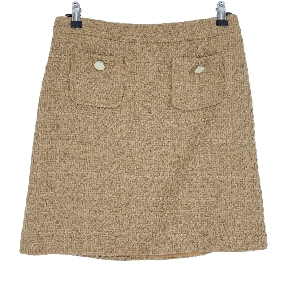 Maison D'Amelie Mini Straight Skirt Camel Tweed Zip Back Pockets Wool